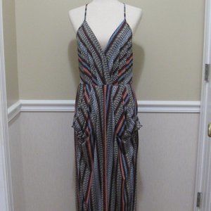 Spaghetti Strap Striped Midi Sundress Stretch Knit Draped Pockets